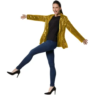 dressforfun Blazer Damen, Kostüm Damen Pailletten Oberteil Damen, Glitzer Oberteile Damen, Jackett, Faschingskostüm, Disco Kostüm Damen, Rave Outfit Damen, 80er Jahre Outfit, gold, S - S