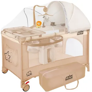 all Kids United Baby-Reisebett Baby-Reisebett mit Wickelauflage, Mobile & Tasche – ohne Matratze, mit Wickelauflage beige
