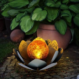 Lotusblume Deko Solar Lotusblüte für Außen Garten Deko Leuchten Asia Garten, Crackle Glas Metallblätter, LED, 2er Set
