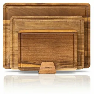 Deleca Schneidebrett Set 3-teilig, AusAkazien Holz mit Halter, Saftrille, Servierbrett Käsebrett Tapasbrett, 40x30 33x24 26x18 cm - Braun