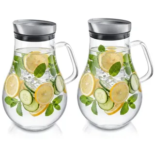 Arendo Glaskaraffe 2er Set je 2000 ml aus Borosilikatglas mit Edelstahldeckel, Grobfilter und Griff, tropffreies Einschenken, Glaskrug, 2 Stück, t... - Transparent/Silber