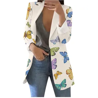 LUNULE Blazer Damen Elegant Casual Drucken Revers Langarm Jacke Arbeit Büro Open Front Cardigan Freizeit Business Sakko Longblazer Sommer Leicht Jacket Dünn Blazerjacke Muster Damenjacke Outwear