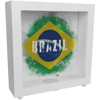 Rahmen Spardose aus Holz mit Brasilien-Flagge im Used Look - Sparschwein für Urlauber eine schöne Sparbüchse mit der brasilianischen Nationalflagge verziert um auf die Reise nach
