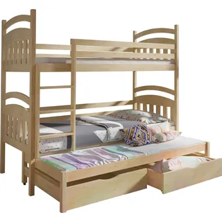 KEF ANTON Etagenbett Kinder Holz Kinderbett für Drei Kinder Leiter Universal ohne Matratze 80x160 cm Kiefer - Transparent