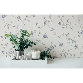 A.S. Création Vliestapete Landhaus Blumen Ranken Blätter Weiß Blau Grau 39071-3 Maison Charme