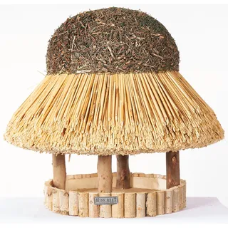 Hiss Reet® Vogelfutterhaus, Vogelhaus - mit Reetdach I Futterhaus für Vögel aus Eukalyptus Holz I Sylt I ideal für Balkon und Garten I wetterfest (L - ca. 58 cm Traufe)