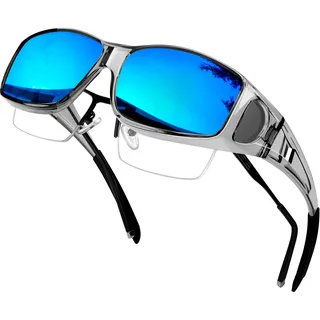 KANASTAL Überbrille Sonnenbrille Herren und Damen Verspiegelt Blau Überzieh Sonnenbrille für Brillenträger Transparent Grau Rahmen Überziehbrille - Einheitsgröße