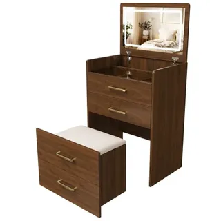 ABRIHOME Schminktisch in Braun mit Spiegel Glasplatte 3 Schubladen 60x40x118 cm | Gr.: onesize