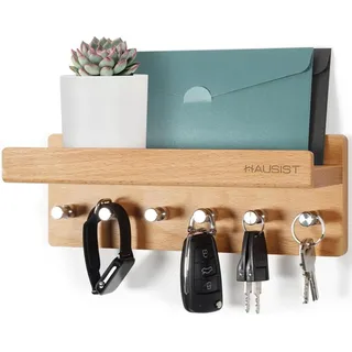 HAUSIST Schlüsselbrett Schlüsselbrett Holz mit Ablage schlüsselkasten mit Edelstahlhaken, aus Holz mit 6 Edelstahlhaken, Weihnachtsgeschenk