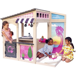 KidKraft Barbie Seaside Outdoor Spielhaus aus Holz für Kinder, Gartenspielzeug mit Kinderküche und Gartenmöbel für Barbie Puppe, Spielzeug für Draußen, Holzspielhaus für den Garten, P280192E