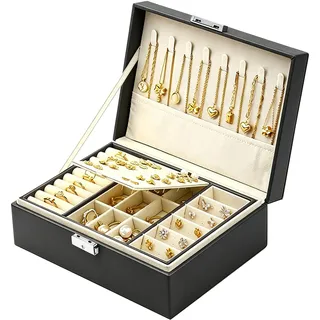 Homeanda Schmuckkästchen mit Schloss - Große Schmuckschatulle aus Leder für Damen, Schmuckbox mit 2 Ebenen (Schwarz)