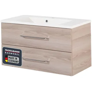 FACKELMANN Waschtischunterschrank inkl. Gussbecken B.CLEVER/Soft-Close-System/Maße (B x H x T): ca. 90 x 48,5 x 46 cm/Möbel fürs WC oder Badezimmer/Schrank: Braun hell/Becken: Weiß