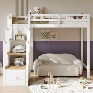 Hochbett 90x200cm aus Holz in Weiß Natur mit Schreibtisch und Stauraumtreppe, Halbhochbett mit Schubladen und Regal für Kinderzimmer