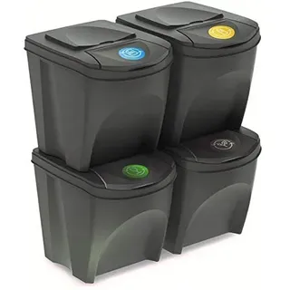 rg-vertrieb Mülltrennsystem 4-fach 100L (4x25L) Sortibox Grau – Stapelbare Mülleimer Küche mit Bunten Deckeln – Platzsparender Abfalleimer Kunststoff, Recycling System inkl. Aufkleber