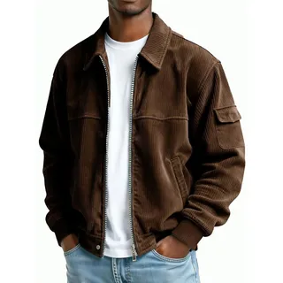 Dyhxuan Hemdjacke Herren Oversize Cordjacke Reißverschluss Übergangsjacke Einfarbig Revers Freizeitjacke Langarm Cordhemd Jacke - XXL