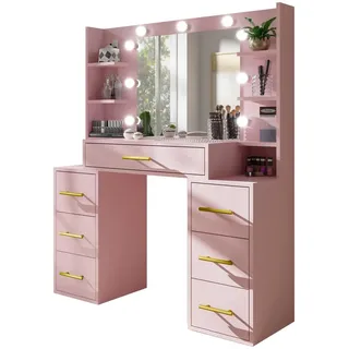 Bettso Schminktisch, Pink, Holzwerkstoff, Glas, 6 Fächer, 7 Schubladen, 110x140x40 cm, Schlafzimmer, Schminktische