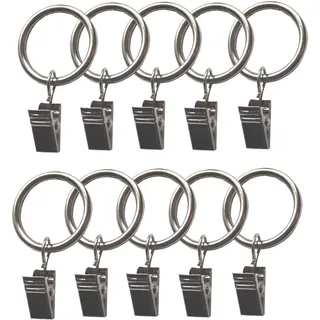 BASIT 10 Stück Gardinenringe Vorhangringe aus Metall mit Metallklammern I Clips Haken I Edelstahl Look I Innendurchmesser ca. 30mm C18