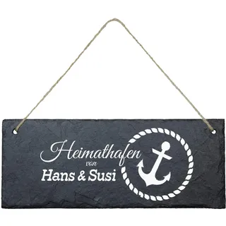 Geschenke 24 Schiefertafel zum Aufhängen Heimathafen (Anker, schwarz/weiß) - Personalisierte Schieferplatte mit Spruch - Eingangstür Haustür - Deko Maritim, Wanddeko