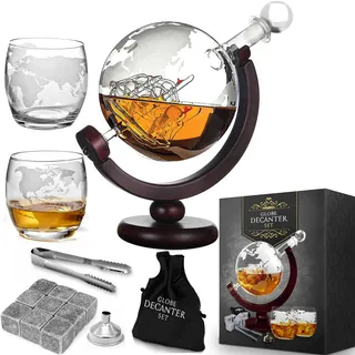 MikaMax Whiskey Karaffe Globus Set – Whisky Globe Decanter Set, Inklusive Whisky Gläser und Whisky Steine – Whiskey Geschenkset, Geschenke für Männer