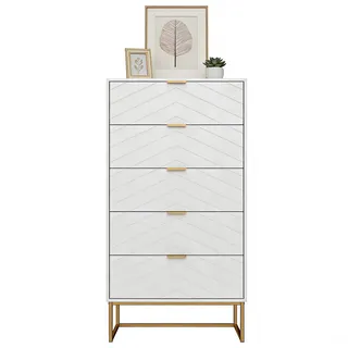 UEV Kommode mit 5 Schublanden, Sideboard, Schubladenschrank, Schmal kommode modern (60x34x110cm, Schrank für Wohnzimmer Schlafzimmer Flur Büro), mit Kippschutz Aufbewahrungskommode, Mehrzweckschrank aus Holz weiß