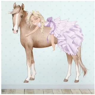 Sunnywall Wandtattoo Prinzessin Mädchen auf Pferd, Wandaufkleber Kinderzimmer, Pferde, selbstklebend, rückstandslos entfernbar beige|braun