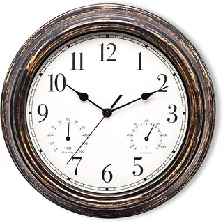 Gartenuhr Wetterfest, 30Cm Wasserdicht Wanduhr Mit Thermometer Und Hygrometer, R