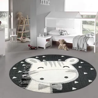 Teppich-Traum Kinderzimmer Teppich Baby Spielteppich 3D Optik High Low Effekt Pferd Creme grau schwarz, 160 cm rund