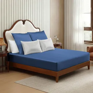 ClevaHome Satin Spannbettlaken Set 3 teilig, 140 x 200 cm,bis 28 cm, Marineblau