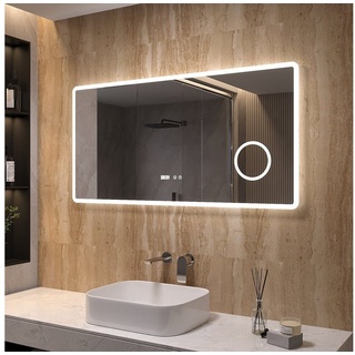 AQUALAVOS Badspiegel Badspiegel mit licht Beleuchtung 120x60 cm Touch Uhr dimmbar Spiegel, mit 3-Fach Vergrößerung Schminkspiegel, Speicherfunktion, Wandschalter