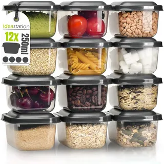 idea-station Gefrierdosen 250ml mit Deckel - 12 Stück - anthrazit | Deckel + BPA-frei + Stapelbar - kleine Behälter zum Einfrieren - Frischhalte-Dosen Set aus Plastik für Kräuter, Gewürze, Brei