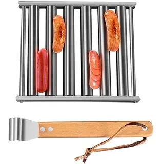 BBQ Wurstroller Grill Hot Dog Roller Rack Hot Dog Roller Wurstgrill Grillroller Wurstregal Grill mit Holzgriff (1)