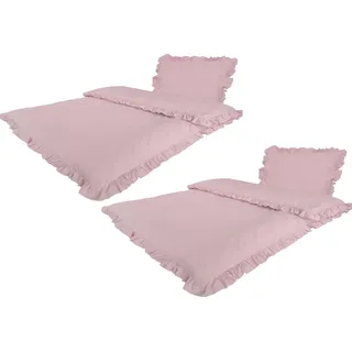 Bettwäsche Romantische RÜSCHEN hochwertige Vintage Retro Stil Baumwolle Renforcé mit Reißverschluss 2x 135x200 Bettbezug + 2x 80x80 Kissenbezug... - Rosa
