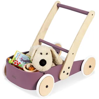 PINOLINO Lauflernwagen Fiete, Kinder Laufhilfe mit Bremssystem, gummierte Holzräder, Massivholz: Buche brombeerfarben lackiert