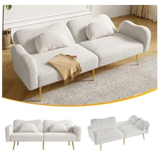 Flieks Sofa 2-Sitzer Schlafsofa mit Schlaffunktion/Bettfunktion, L175/T79/H82 cm, Polstersofa mit 2 Zierkissen, Bezug aus Imitationswolle 1 Teile, Sofabett mit verstellbarer Rückenlehne & vergoldeten Metallfüßen Weiß weiß