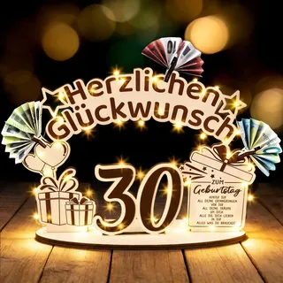 30 Geburtstag Frauen Männer, Holz Geldgeschenke Verpackung mit LED Lichterketten & Grußkarte, Geschenk & Deko zum 30 Geburtstag Frau Mann, Geburtstagsgeschenk für Männer 30 & Frauen 30