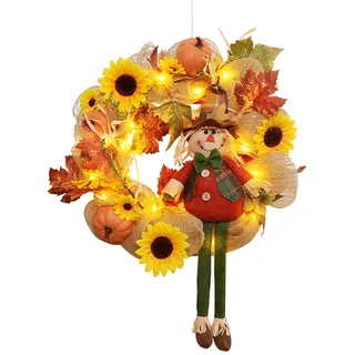 Türkranz Herbst, Herbstkranz für Haustür, Herbstdeko Wichtel Kranz mit LED Licht, Künstliche Ahornblatt Wichtel Türkranz Deko Kürbis Sonnenblume Hängende Herbst Deko Kranz für Halloween Erntedank (A)