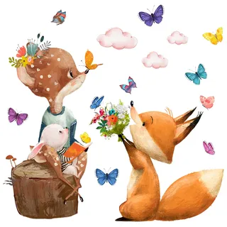 WandSticker4U®- Wandtattoo Waldtiere Kinderzimmer FUCHS & REH (78x72 cm) I Wandsticker Babyzimmer Wald Tiere Hase Wolken I Wandaufkleber Babyzimmer Kinderzimmer Deko Mädchen Junge GROß