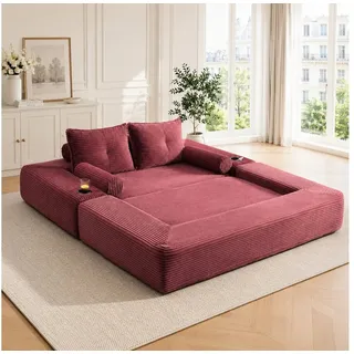 HAUSS SPOLE Schlafsofa 2-Sitzer Klappsofa aus Cord,Loungesofa mit Getränkehalter & Armlehne, Cord-Multifunktionssofa mit hochdichtem Schaumstoff und Reißverschluss, Zweisitzer ausklappbare Schlafcouch-Funktion rot
