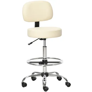MODFU Barhocker drehbar höhenverstellbar Beige 56x57x127 cm mit Rückenlehne und Rollen, Kunstlederbezug, Gaslift, Fußstütze, belastbar bis 125 kg