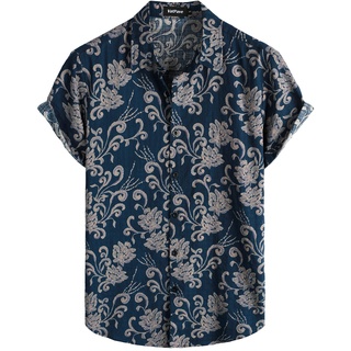 VATPAVE Herren Hawaii Hemd Männer Kurzarm Sommer Freizeithemd Casual Strand Blumen Hawaiihemd XX-Large MarineblauVintage