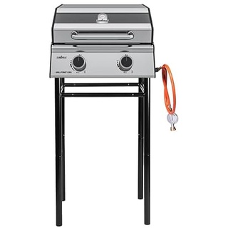 Grillfürst Camping Gasgrill G201E 50 mbar - 2-Brenner Edelstahl Balkon Gasgrill mit Sichtscheibe, kleiner Outdoor Tisch-Gasgrill, doppelwandiger Gas Griller mit Druckregler, inkl. Untergestell