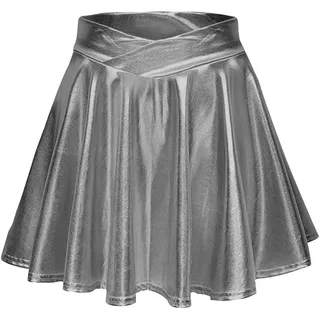 Metallischer Faltenrock Damen Mini Skater Rock PU Lederrock Sexy Hohe Taille A-Linie Silber Rock Karneval Metallic Y2K Tennisrock Tanzrock Rave Party Club Kostüme