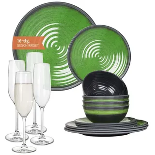Moritz Geschirr-Set Camping Geschirr Stone Green + Tiamo Champagnergläser