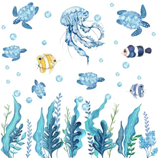 HPNIUB Bunt Badezimmer Wandtattoo,Wandtattoo Meers, Wandsticker Kinderzimmer,Cartoon Fisch Wandsticker,Unterwasserwelt Tiere Wandaufkleber für Jungen Schlafzimmer Babyzimmer Blau Deko