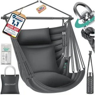 KESSER Hängesessel Haiti 150kg Traglast, Indoor & Outdoor Hängestuhl (Hängeschaukel mit 2 Kissen, Tragetasche, Flaschenhalter & Montage-Set), 360° Hängematte Pflegeleicht, UV-beständig & Wasserfest schwarz