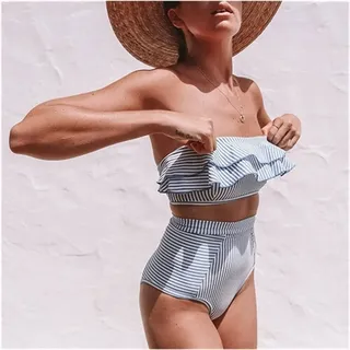 JBIVWW Hohe Taille Bikini Badeanzug Frauen Rüsche Bademode Striped Bikini Set Off Schulter Bandeau Badeanzug Sommer Beachwear (Color : Blue, Size : L)