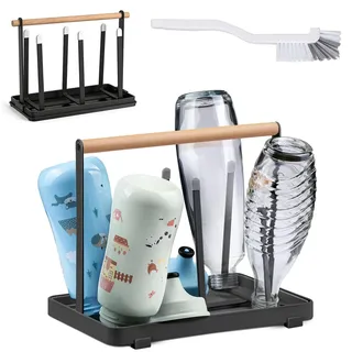 Flaschenhalter mit Flaschenbürste für SodaStream, Abtropfgestell Flaschen | Asphalthalter für SodaStream Crystal und Emil Flaschen, Tassenhalter für 6 Flaschen, Flaschentrockner mit Abtropfschale