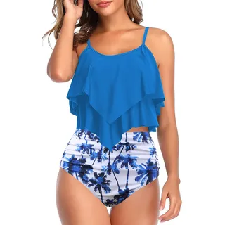 Genfien Damen Badeanzug Rüschen Zweiteilige High Waist Bikini mit Hoher Taille Bademode Volant Bedruckt Badeanzug - L
