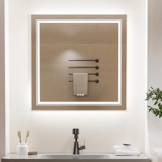 LED Bad Spiegel mit Beleuchtung: 80x80 cm Badspiegel mit Hintergrundbeleuchtung und Frontbeleuchtung - Smart Wandspiegel kosmetikspiegel mit Touchschalter Beschlagfrei Dimmbar Speicherfunktion
