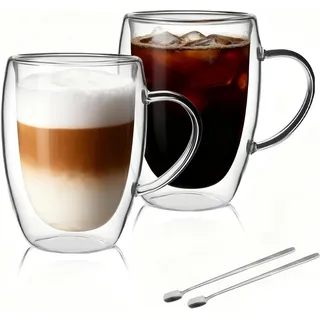 LIBWYS Thermotasse Kaffeetassen aus Glas für Tee & Cappuccino doppelwandig 2er Set 350 ml, 4-tlg., Glas, Doppelwandige Thermotassen 350 ml aus Glas mit Griff